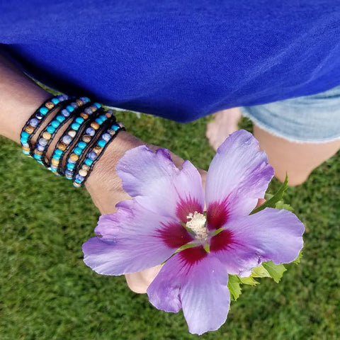 Image of Turquoise, Sodalite, Hematite and Jasper on Black Leather Wrap Bracelet