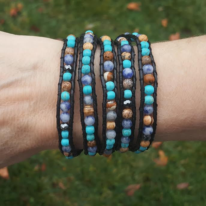 Turquoise, Sodalite, Hematite and Jasper on Black Leather Wrap Bracelet