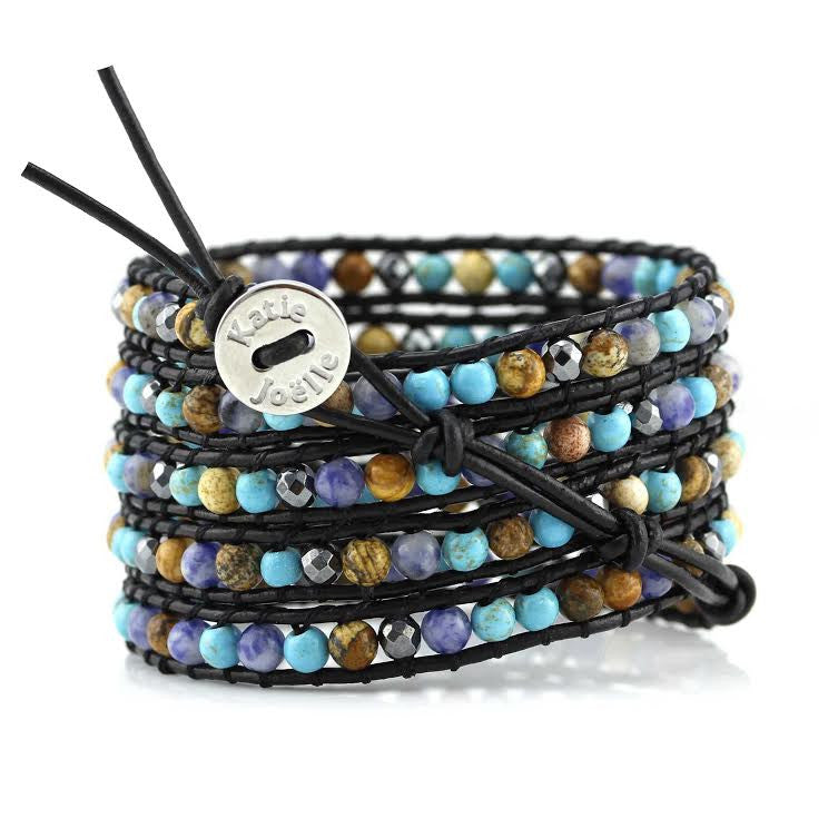 Turquoise, Sodalite, Hematite and Jasper on Black Leather Wrap Bracelet