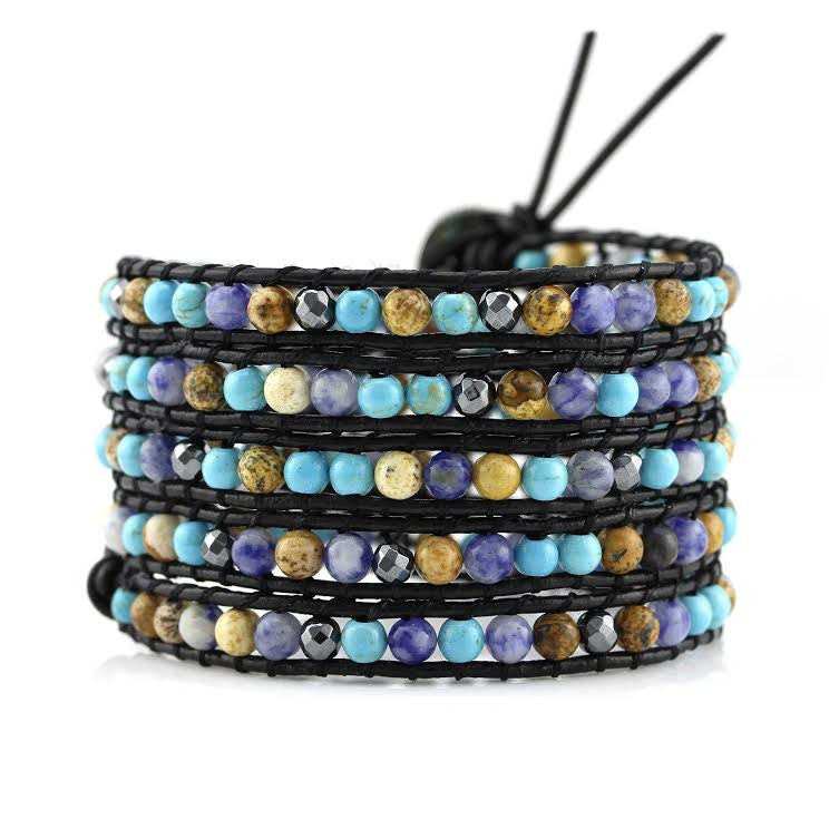 Turquoise, Sodalite, Hematite and Jasper on Black Leather Wrap Bracelet