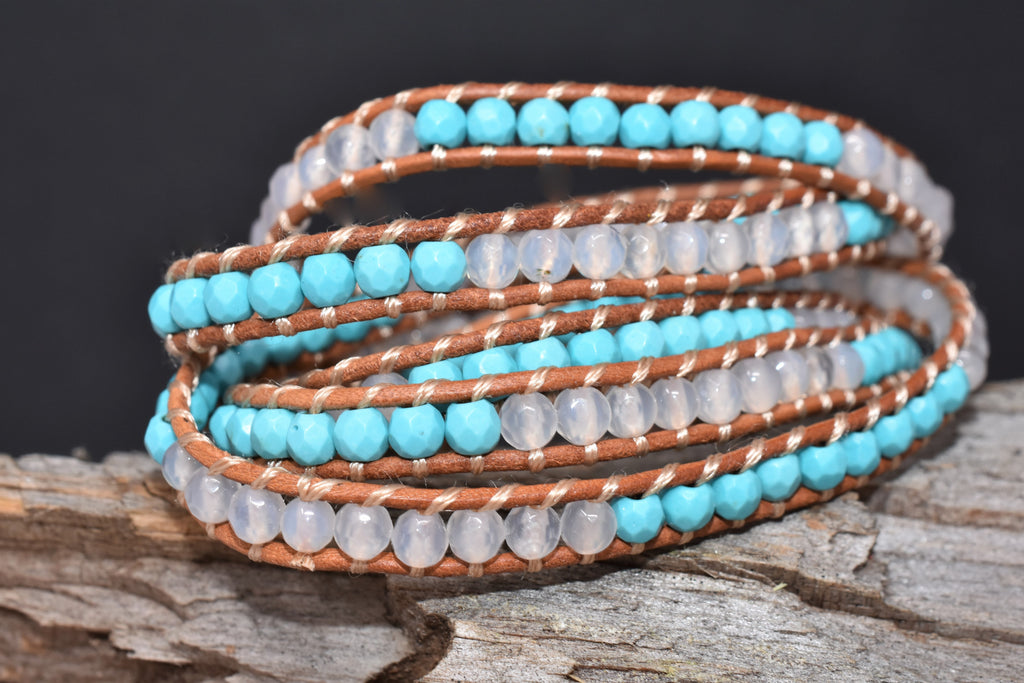 Turquoise and White Agate Five Wrap on Natural Leather