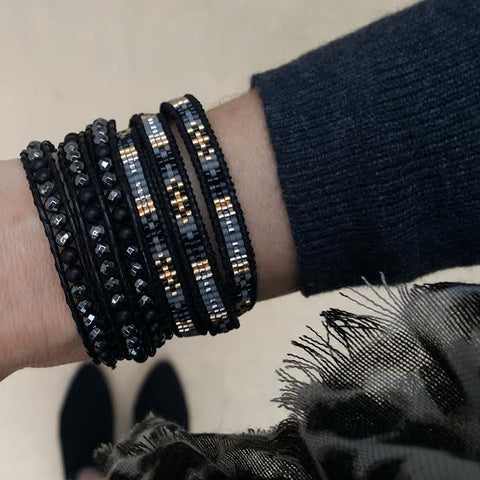 Image of Hematite and Matte Onyx on Black Leather Wrap Bracelet