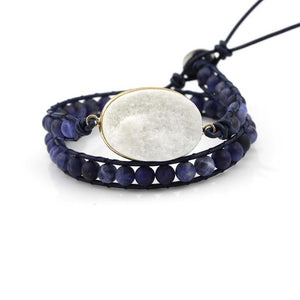 White Druzy and Frosted Sodalite Double Wrap Bracelet on Navy Blue Leather