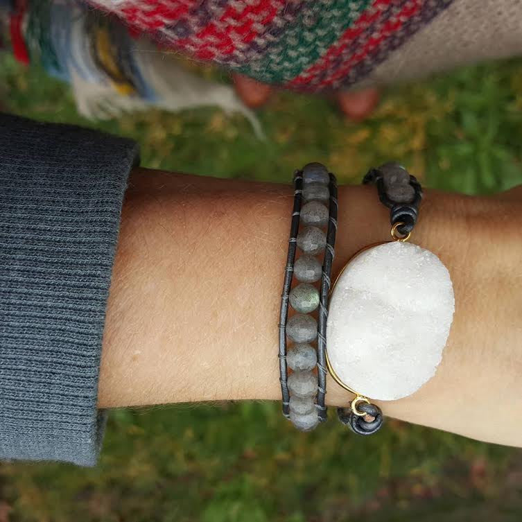 White Druzy and Labradorite Double Wrap Bracelet on Metallic Grey Leather
