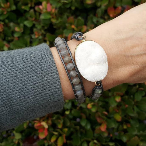 Image of White Druzy and Labradorite Double Wrap Bracelet on Metallic Grey Leather