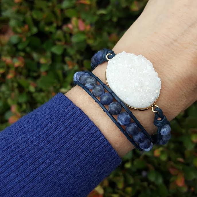White Druzy and Frosted Sodalite Double Wrap Bracelet on Navy Blue Leather