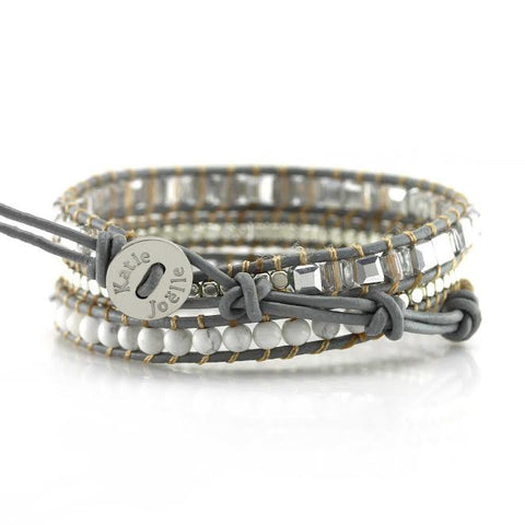 Image of White Howlite, Silver Nuggets, and Square Cut Glass Crystals on Grey Leather Wrap Bracelet