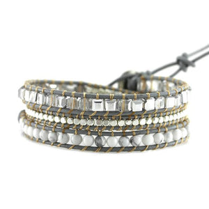 White Howlite, Silver Nuggets, and Square Cut Glass Crystals on Grey Leather Wrap Bracelet