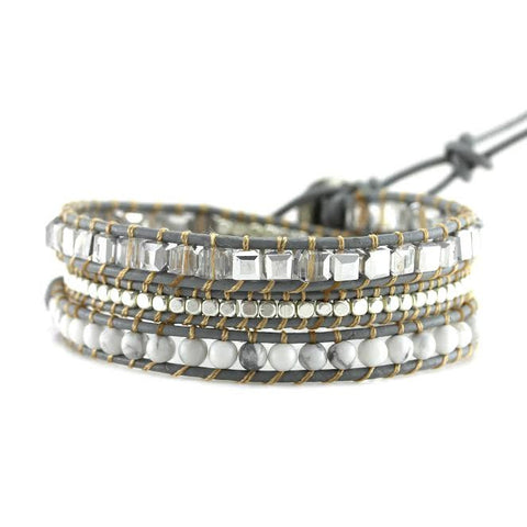 Image of White Howlite, Silver Nuggets, and Square Cut Glass Crystals on Grey Leather Wrap Bracelet