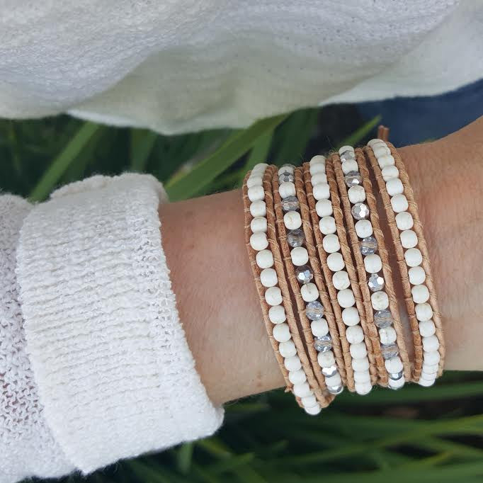Ivory White Howlite on Natural Leather Wrap Bracelet