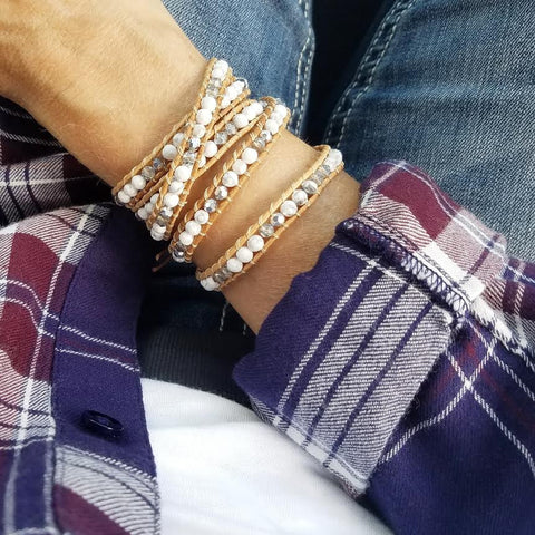 Image of White Howlite and Crystals on Natural Leather Wrap Bracelet
