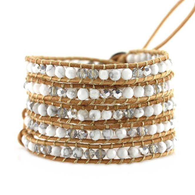 White Howlite and Crystals on Natural Leather Wrap Bracelet