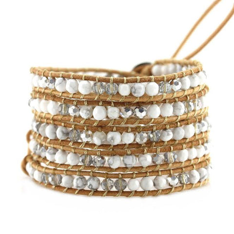 Image of White Howlite and Crystals on Natural Leather Wrap Bracelet