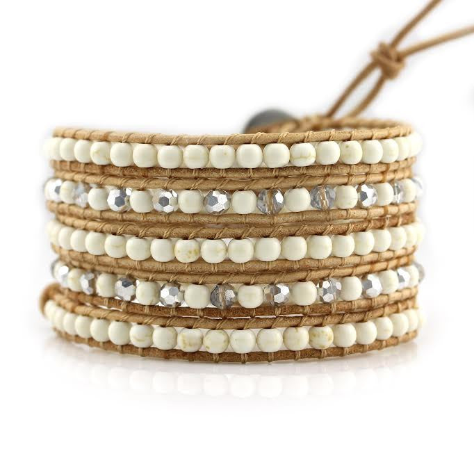 Ivory White Howlite on Natural Leather Wrap Bracelet
