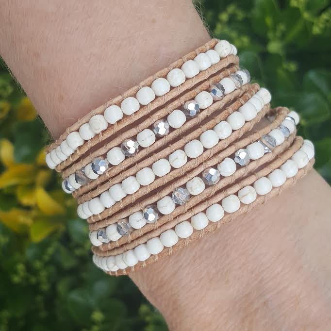 Ivory White Howlite on Natural Leather Wrap Bracelet