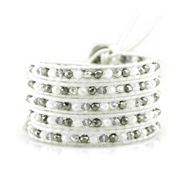 White and Silver Mix Crystals on White Leather Wrap Bracelet