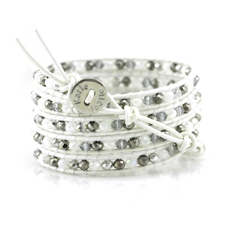 White and Silver Mix Crystals on White Leather Wrap Bracelet