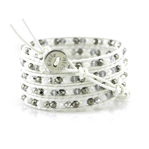 Image of White and Silver Mix Crystals on White Leather Wrap Bracelet