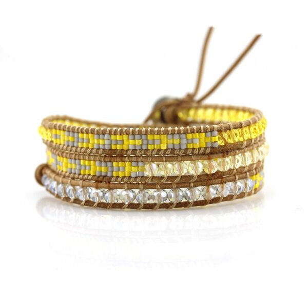 Yellow and Blue Crystals with Miyuki Glass Seed Beads on Natural Leather Wrap Bracelet