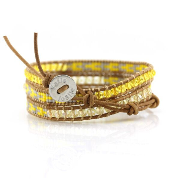 Yellow and Blue Crystals with Miyuki Glass Seed Beads on Natural Leather Wrap Bracelet