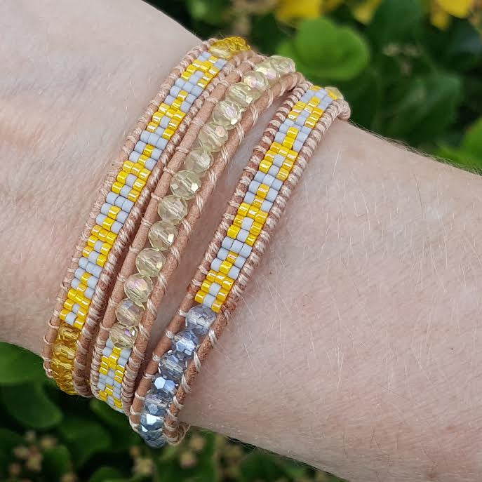 Yellow and Blue Crystals with Miyuki Glass Seed Beads on Natural Leather Wrap Bracelet