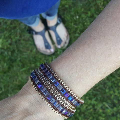 Image of Square Cut AB Glass Crystal with Gold Chain on Brown Vegan Cord Wrap Bracelet