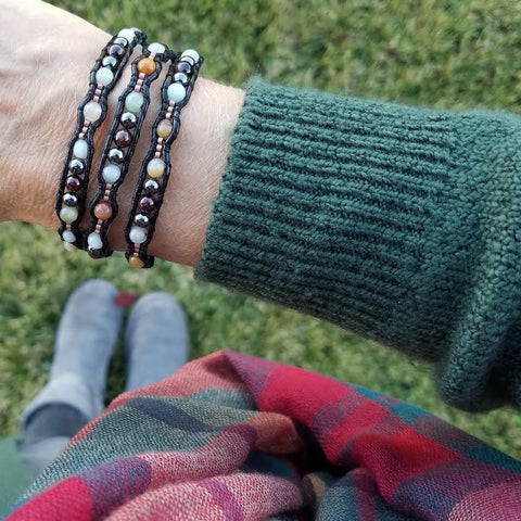 Image of Amazonite Scalloped Wrap Bracelet on Black Leather