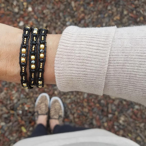 Image of Black Diamond and Gold Pearl Scalloped Wrap Bracelet on Black Leather