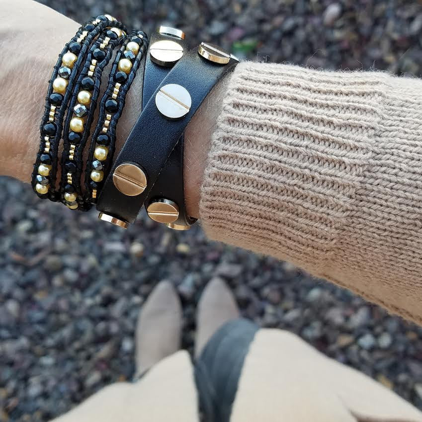Black Diamond and Gold Pearl Scalloped Wrap Bracelet on Black Leather