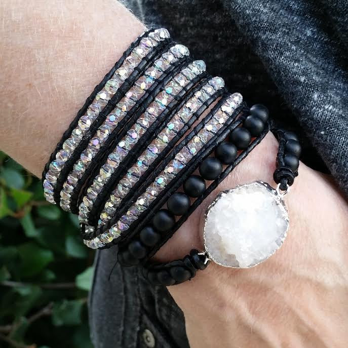 Clear Crystals on Black Leather Wrap Bracelet