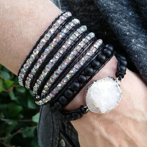 Image of Clear Crystals on Black Leather Wrap Bracelet