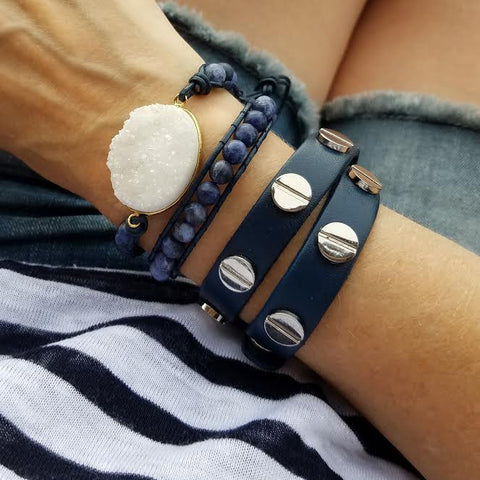 Image of White Druzy and Frosted Sodalite Double Wrap Bracelet on Navy Blue Leather