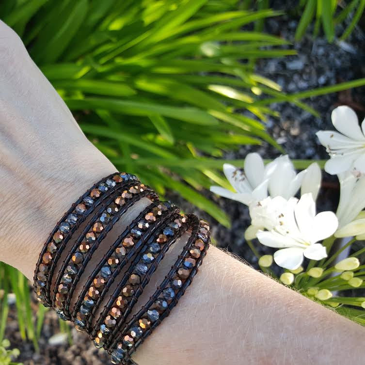 Bronze Dorado Crystals on Dark Brown Leather Wrap Bracelet