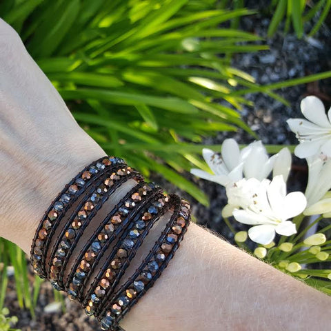 Image of Bronze Dorado Crystals on Dark Brown Leather Wrap Bracelet