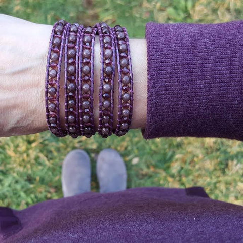 Image of Burgundy Aventurine and Crystals on Burgundy Leather Wrap Bracelet