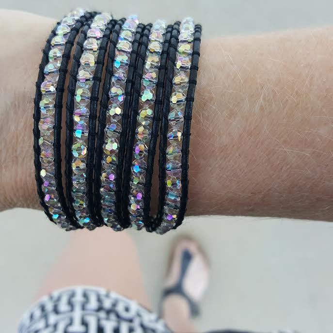Clear Crystals on Black Leather Wrap Bracelet