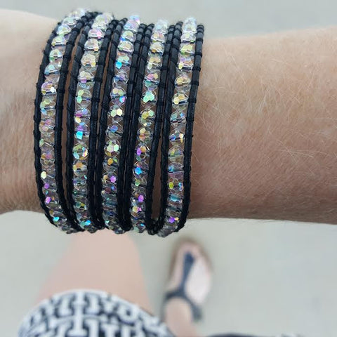Image of Clear Crystals on Black Leather Wrap Bracelet