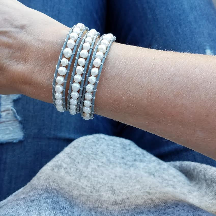 Freshwater Pearls on Gray Leather Wrap Bracelet