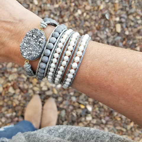 Image of Freshwater Pearls on Gray Leather Wrap Bracelet