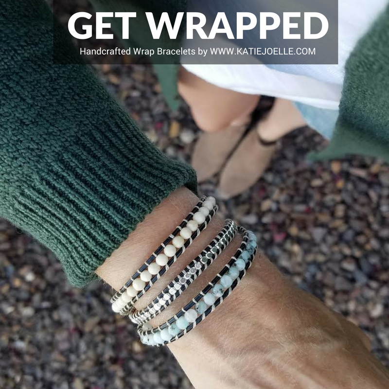 Blue Tianshan and Ivory Stone with Silver Nuggets on Black Leather Wrap Bracelet