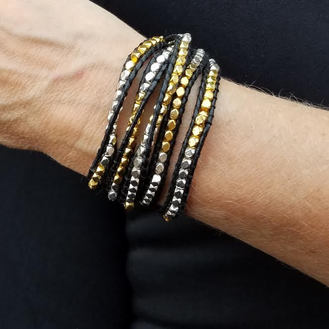Gold and Silver Nuggets on Black Leather Wrap Bracelet