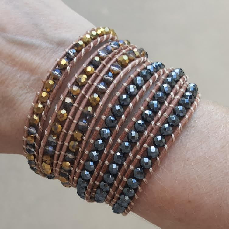 Gold Dorado Crystals on Natural Leather Wrap Bracelet