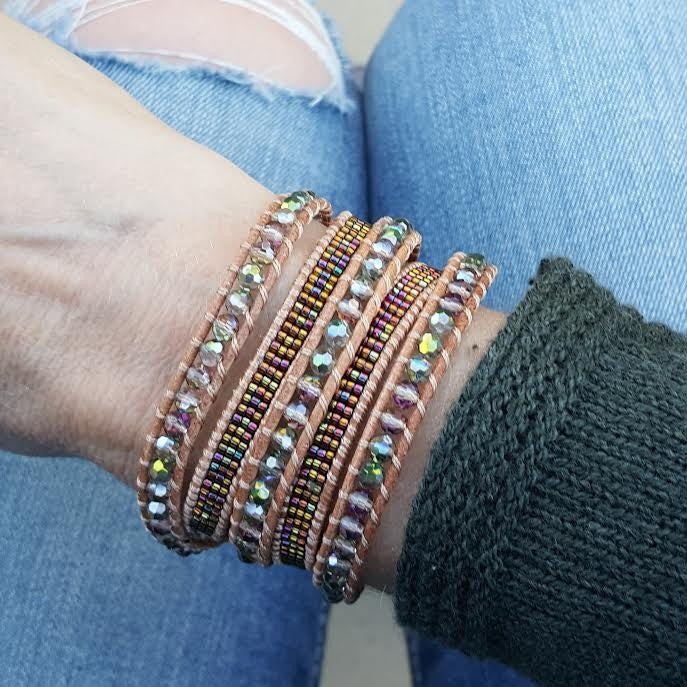 Transparent Green Crystals with Miyuki Glass Seed Beads on Natural Leather Wrap Bracelet