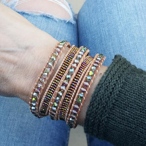 Image of Transparent Green Crystals with Miyuki Glass Seed Beads on Natural Leather Wrap Bracelet