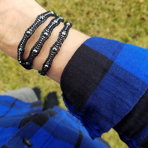 Image of Gunmetal Scalloped Miyuki Glass Sead Beads on Black Leather Wrap Bracelet
