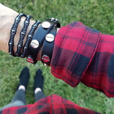 Image of Gunmetal Scalloped Miyuki Glass Sead Beads on Black Leather Wrap Bracelet