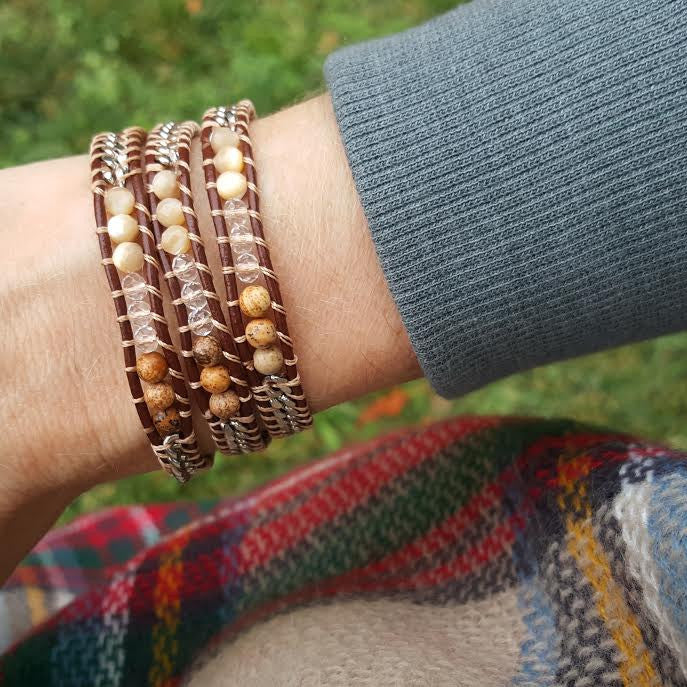 Shell, Crystal, and Stone with Silver Chain on Brown Leather Wrap Bracelet