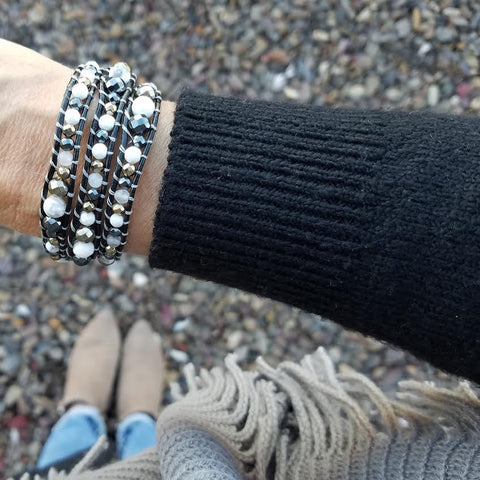 Image of Hematite and Turquoise Graduated Wrap Bracelet on Black Leather