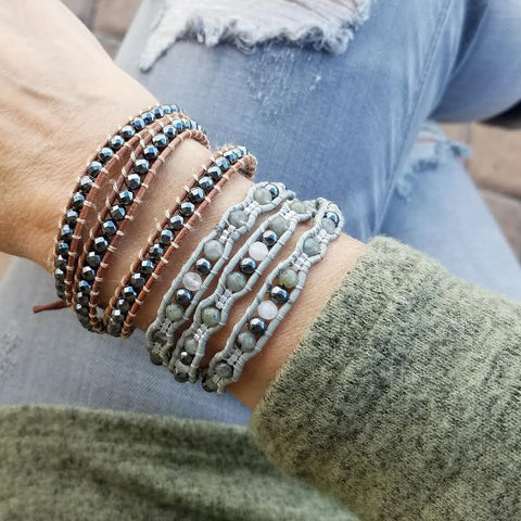 Image of Labradorite and Hematite Scalloped Wrap Bracelet on Gray Leather