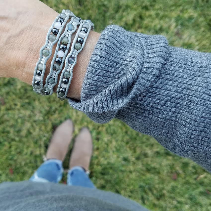 Labradorite and Hematite Scalloped Wrap Bracelet on Gray Leather